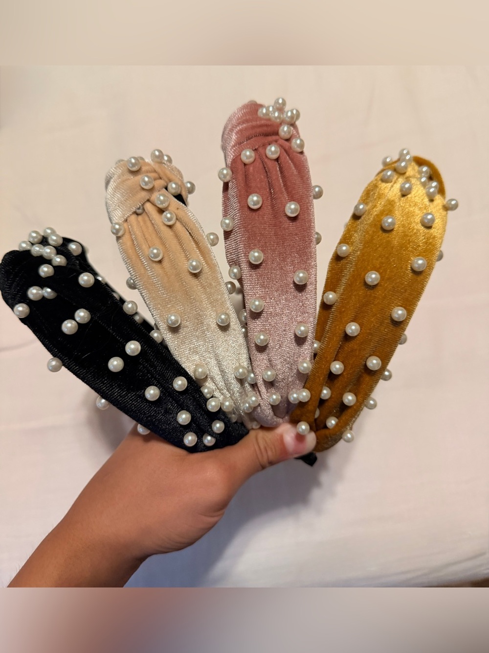 Pearl-Embellished Velvet Knotted Headband - Black, Cream, Pink, Mustard